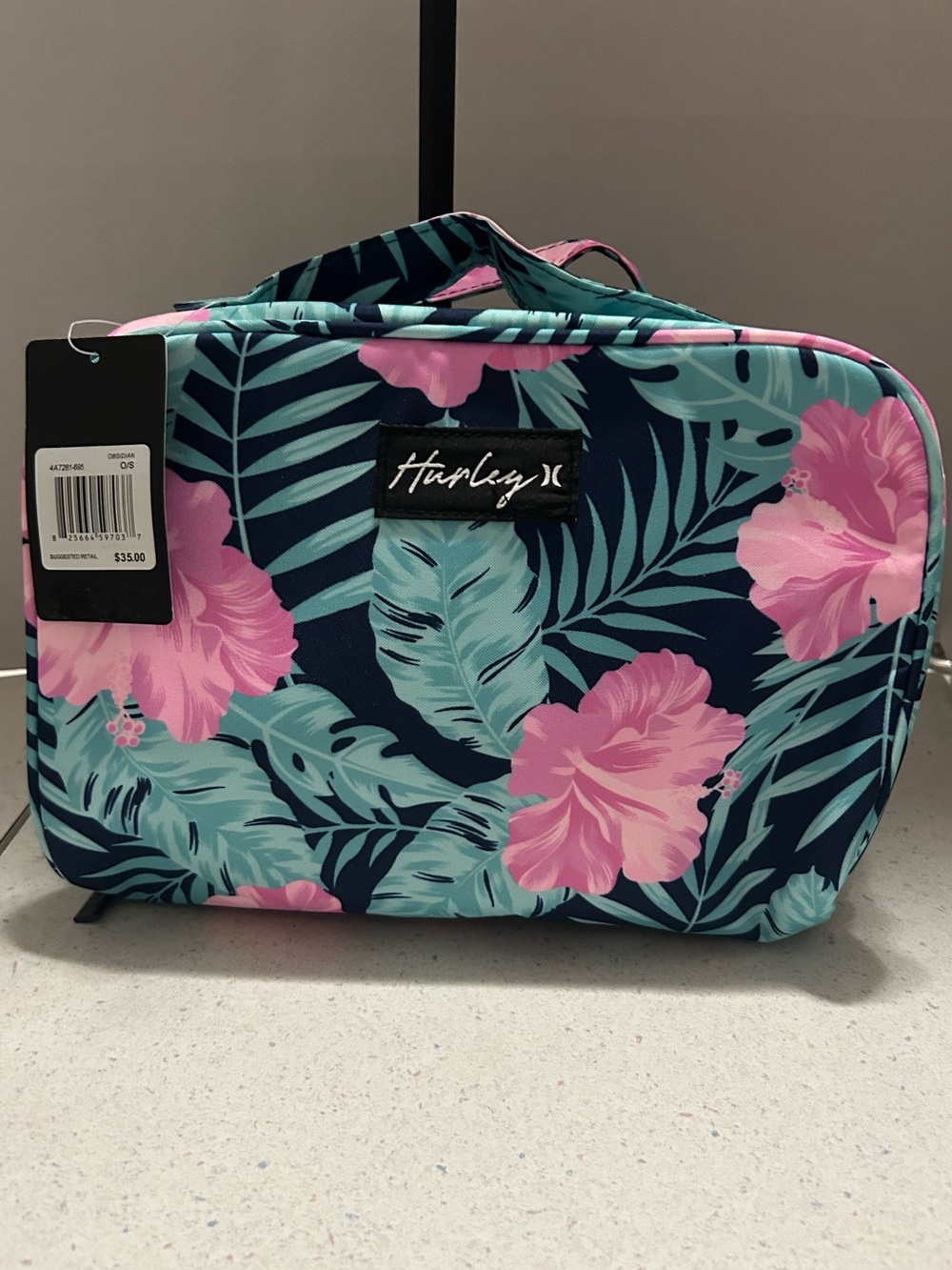 Hurley Navy Cosmetic Bag with Pink Hibiscus and Teal Leaves